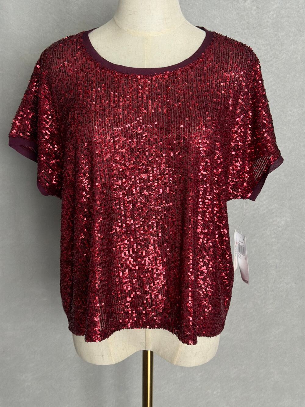 Lucky Brand Sequin Top Short Sleeve Round Neck Red Women's Medium NEW